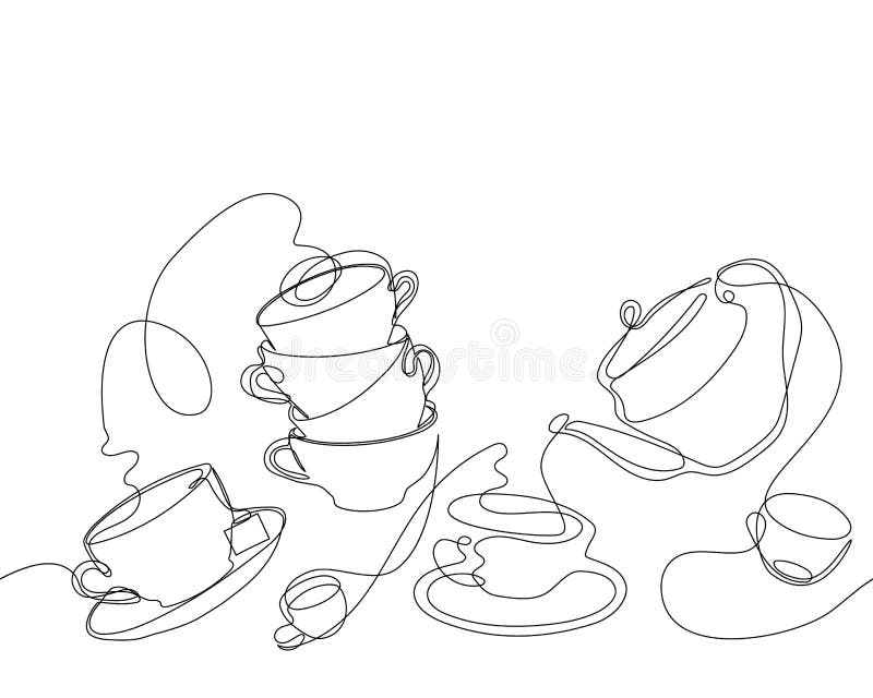 Kettles and cups are drawn in one line. Tea party. Kitchen pattern. stock illustration