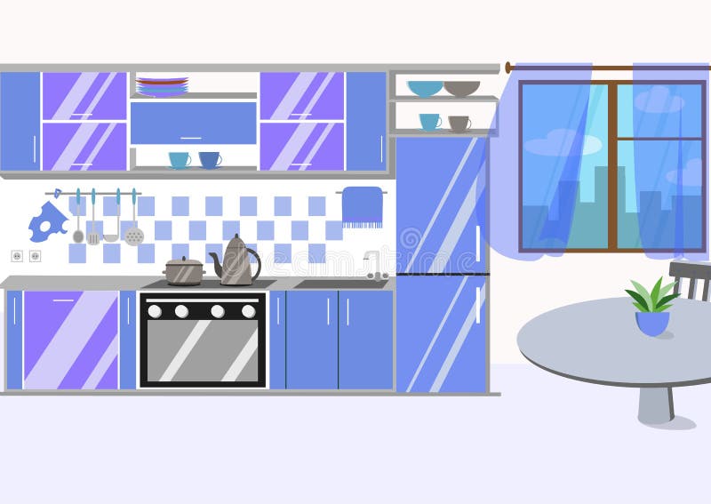 Kitchen with furniture and long shadows. Flat cartoon style vector illustration. royalty free illustration