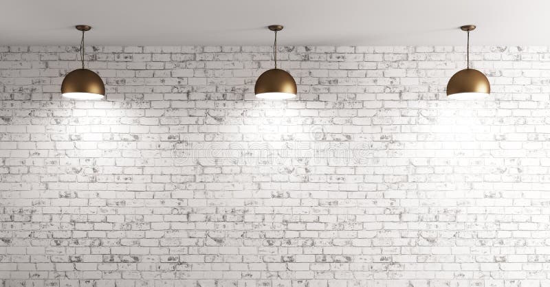 Lamps over brick wall interior background 3d render. Three brass lamps over grunge brick wall room interior background 3d render stock illustration
