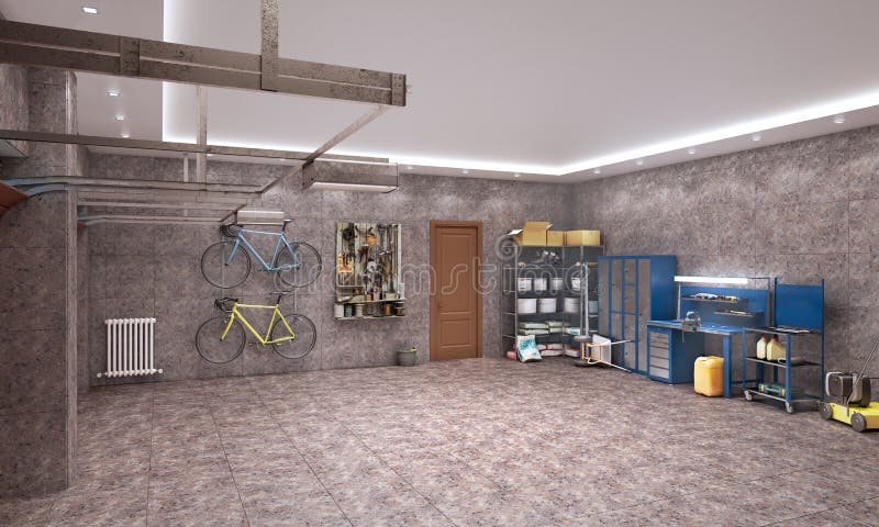 Large garage with brown marble tiles. 3d illustration royalty free illustration