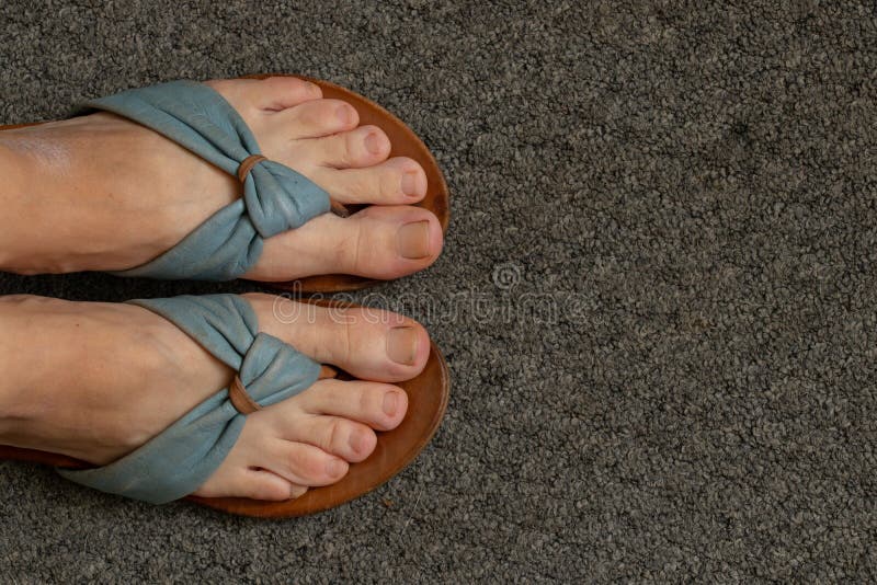 Female legs in flip flops on a gray carpet in the room view from top to bottom. Legs in flip flops on a gray carpet in the room view from top to bottom royalty free stock photo