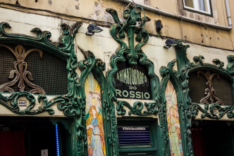 Lisboa downtown: Old movie theater AnimatÃ³grafo do Rossio stock image