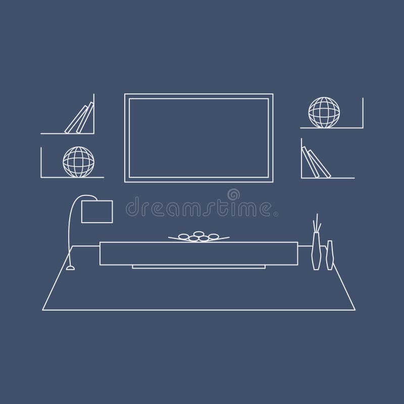 Living room design in high tech style. Modern minimalism. Line art. Mono illustration with table, carpet, TV, lamp vector illustration