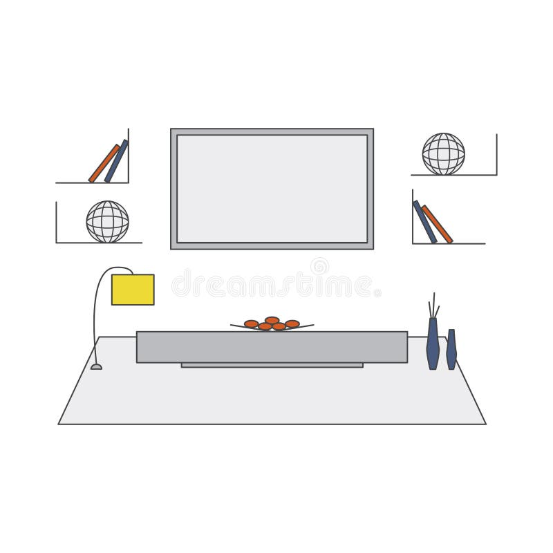 Living room design in high tech style. Modern minimalism. Line art. Mono illustration with table, carpet, TV, lamp royalty free illustration