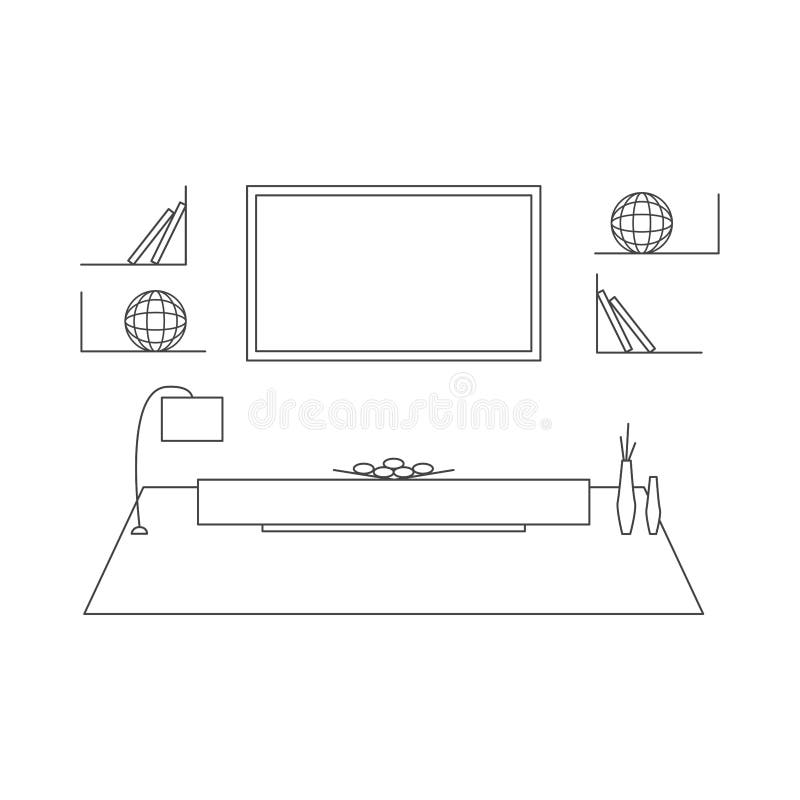 Living room design in high tech style. Modern minimalism. Line art. Mono illustration with table, carpet, TV, lamp, shelves, books vector illustration