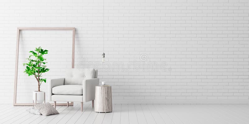 Living room interior design with white velvet armchair and white brick wall 3d render. 3d illustration vector illustration