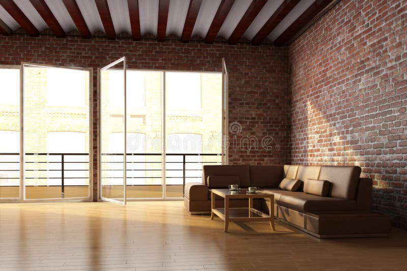 Loft interior with brick wall. And coffee table stock illustration