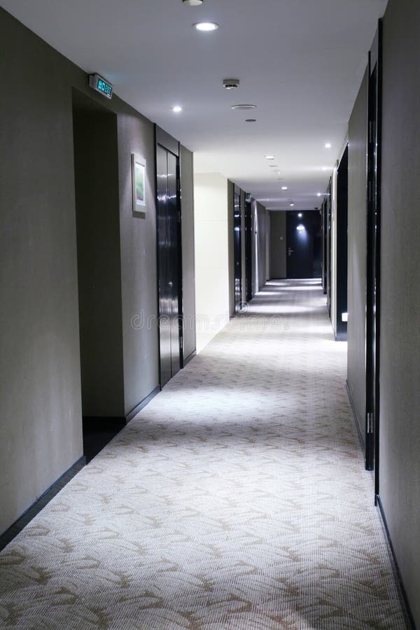 Long corridor. In modern hotel stock photos