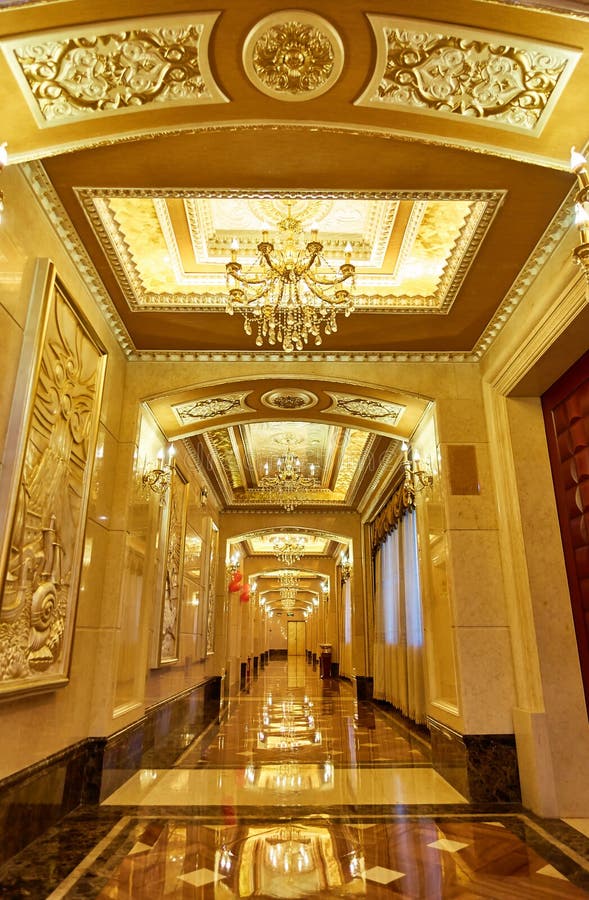 Hotel corridor hallway. Interior of luxury hotel corridor in vintage style, hotel hallway royalty free stock photo