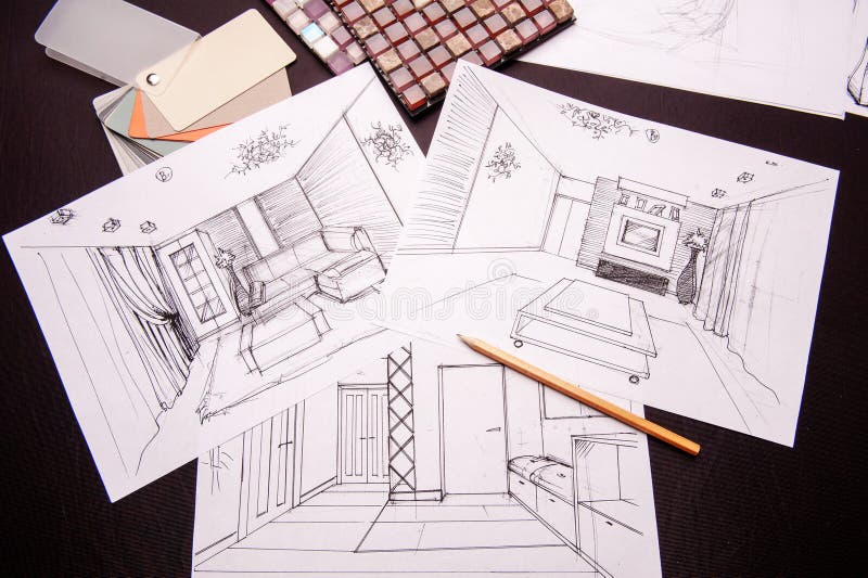 Man draws drawing, selects materials for the repair of apartments. Interior sketches, bedroom, living room, kitchen stock images