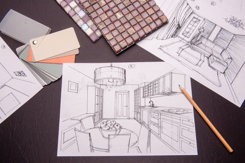 Man draws drawing, selects materials for the repair of apartments. Interior sketches, bedroom, living room, kitchen stock images