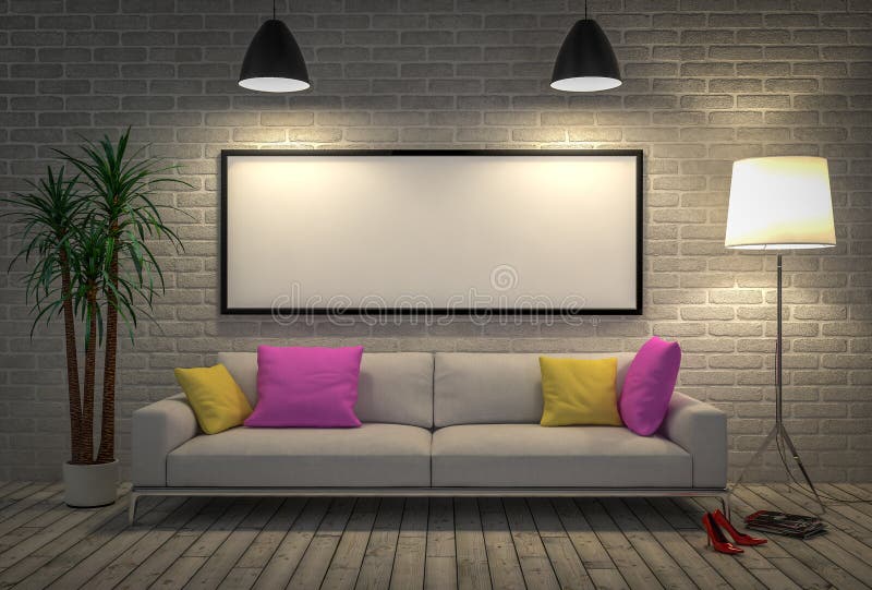 Mock up blank poster on the wall with lamp and sofa royalty free illustration