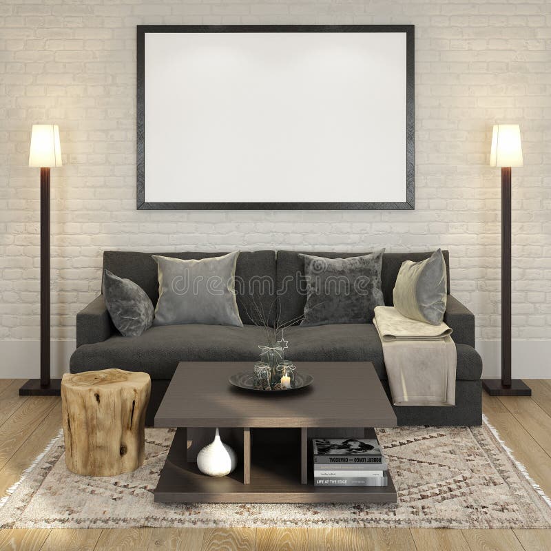 Mock up poster frame at the white brick wall of living room. 3D render vector illustration