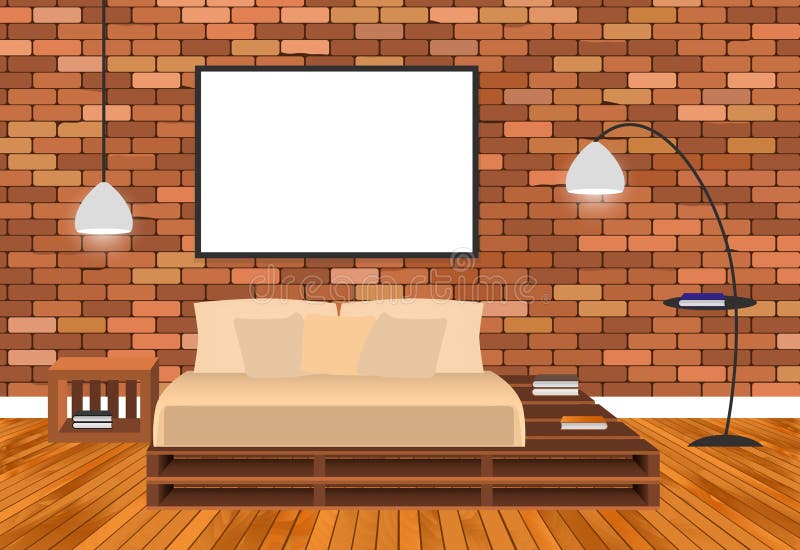 Mockup living room interior in hipster style with empty frame, bed, lamps and brick wall. Vector illustration stock illustration