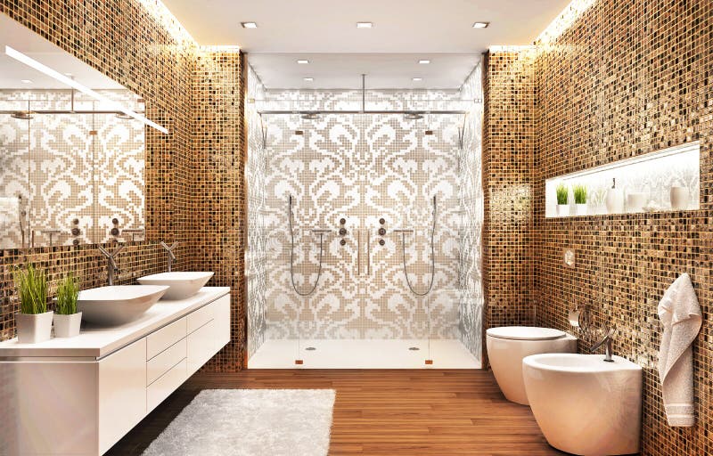 Modern bathroom with a large shower room and a beautiful mosaic pattern. Bathroom with a large shower room and a beautiful mosaic pattern stock image