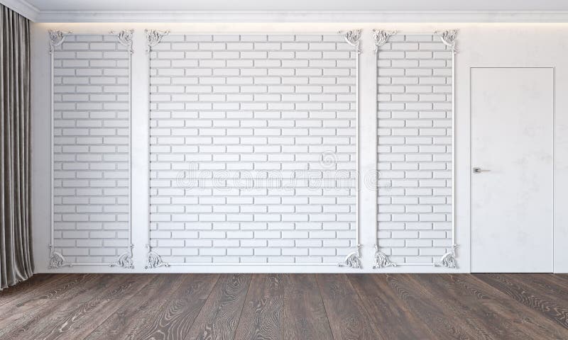 Modern classic white interior with brick wall, door, wooden floor, ceiling backlit, molding and curtain. Empty room, blank wall. 3d render illustration mock up vector illustration