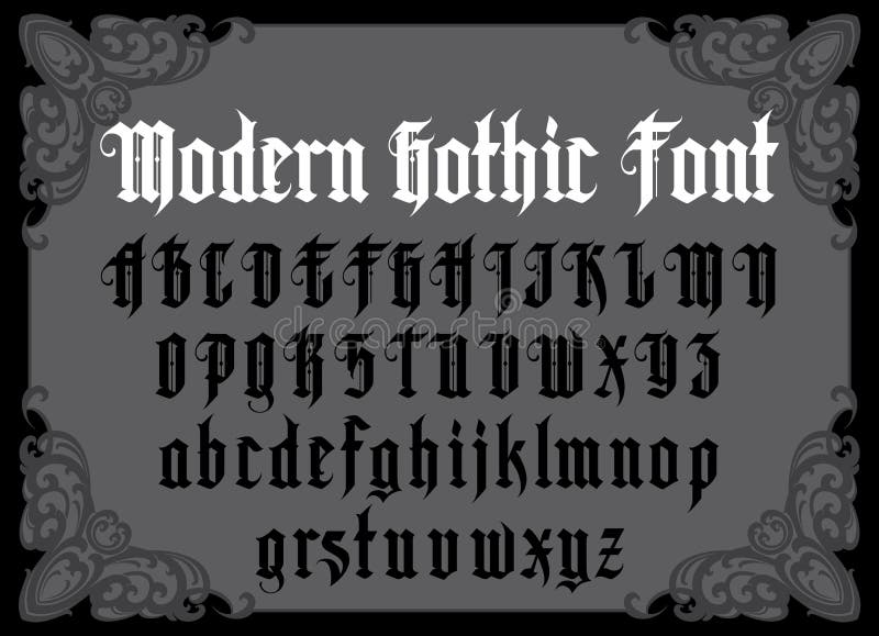 Modern Gothic Font. Vector modern gothic alphabet in frame. Vintage font. Typography for labels, headlines, posters etc royalty free illustration