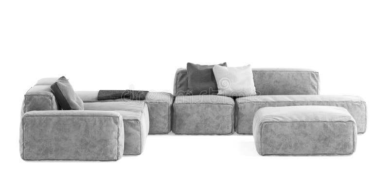 Modern gray modular sofa with pillows and plaid isolated on white background. Furniture, interior object, stylish sofa. High tech. Style, subject for royalty free stock photos