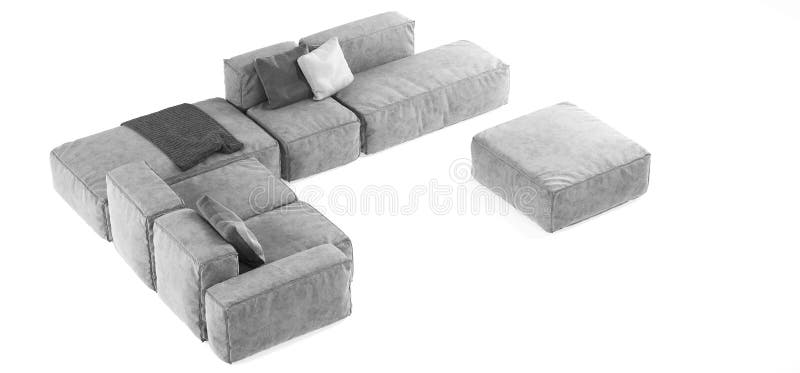Modern gray modular sofa with pillows and plaid isolated on white background. Furniture, interior object, stylish sofa. High tech. Style, subject for stock photography