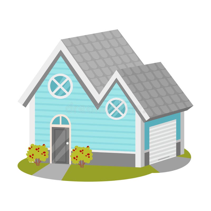 House with blue walls and a gray roof. Vector illustration. stock illustration