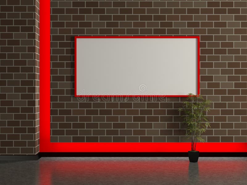 Modern house interior, brick wall with frame. Modern house interior, dark brick wall with picture frame and red frame. 3D stock illustration