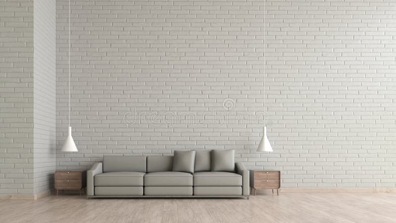 Modern interior living room wood floor white brick texture wall with gray sofa template for mock up 3d rendering. minimal living r. Oom design stock illustration