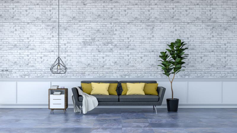 Modern loft interior design ,black furniture on marble flooring and white brick wall /3d render. Modern loft interior,black furniture on marble flooring and vector illustration