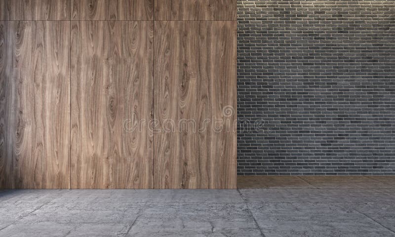 Modern loft interior with wooden wall panels, brick wall, concrete floor. Empty room, blank wall. 3d render illustration mockup vector illustration