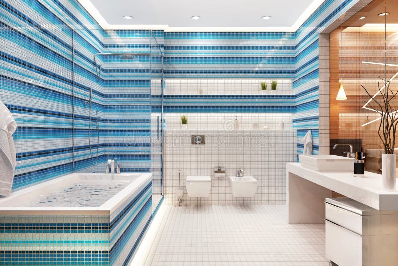 Modern mosaic beautiful bathroom design. Modern blue and white mosaic beautiful bathroom design royalty free stock photography