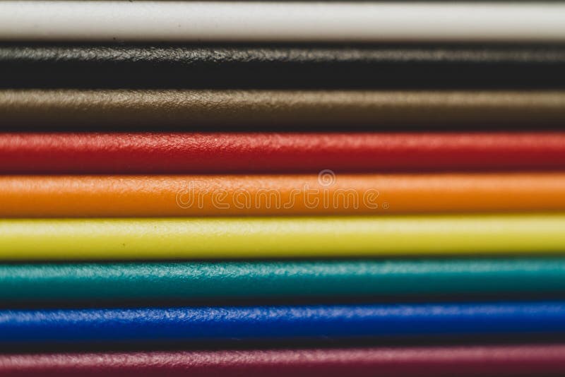 Multi color conductive wires of electrical circuits, electronic system. Conductive wires of electrical circuits, connected to electronic engineering arranged royalty free stock image