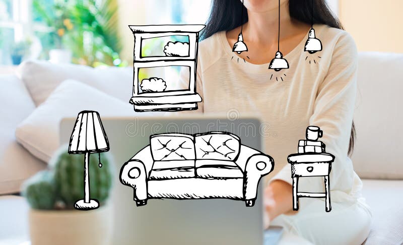 New apartment dream with woman using her laptop. In her home office royalty free stock photos