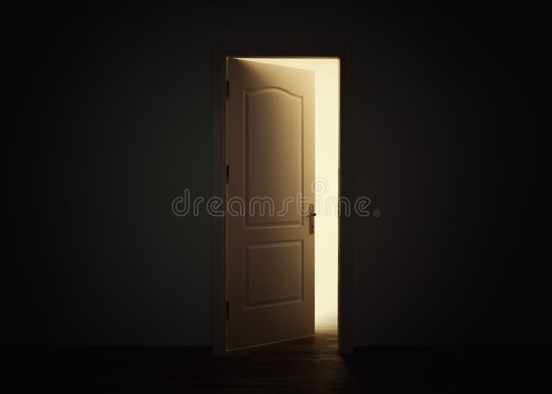 Open door with light in dark room, Hope Concept stock image