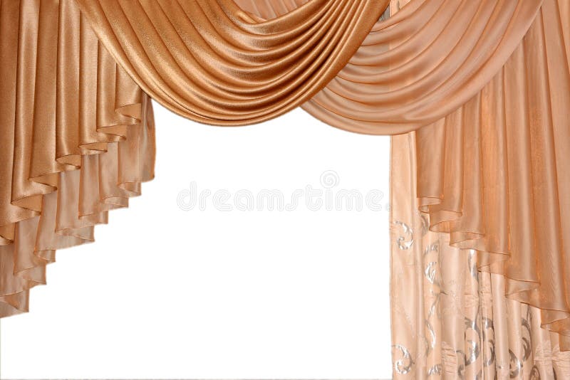 Open lambrequin (portiere, curtain) golden color. On the window. Classic interior decoration indoor openings lambrequins back into fashion royalty free stock image