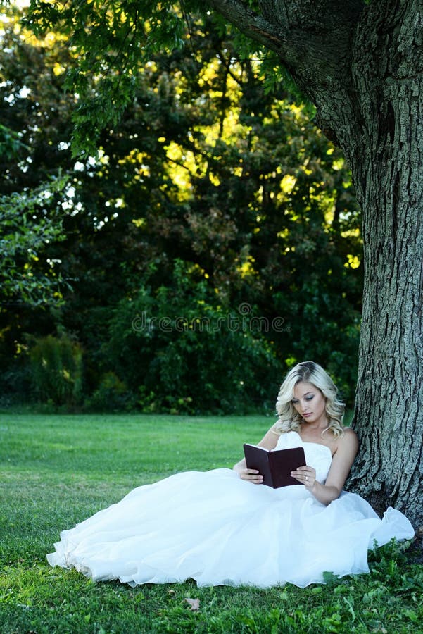 Woman in white tulle dress reading book leaning on tree royalty free stock photo
