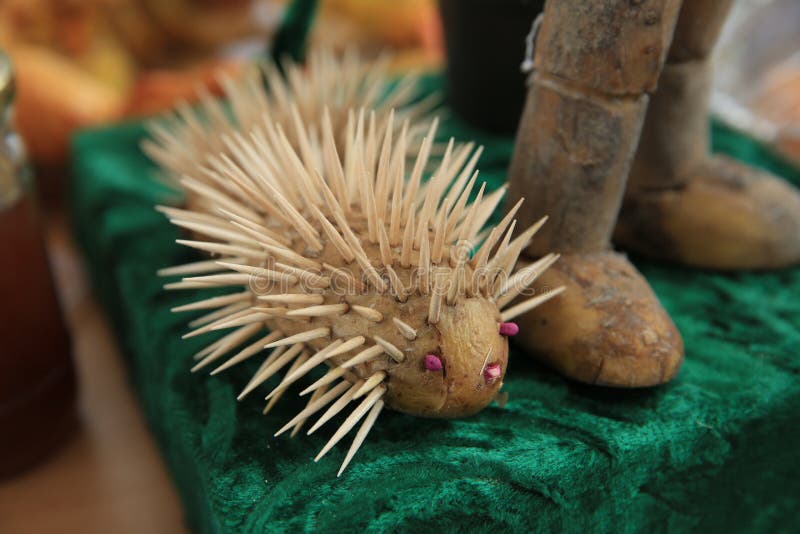 Hedgehog of potatoes and toothpicks .hedgehog, handmade from the autumn theme for the kindergarten . The potatoes are stuffed with. The potatoes are stuffed with stock image