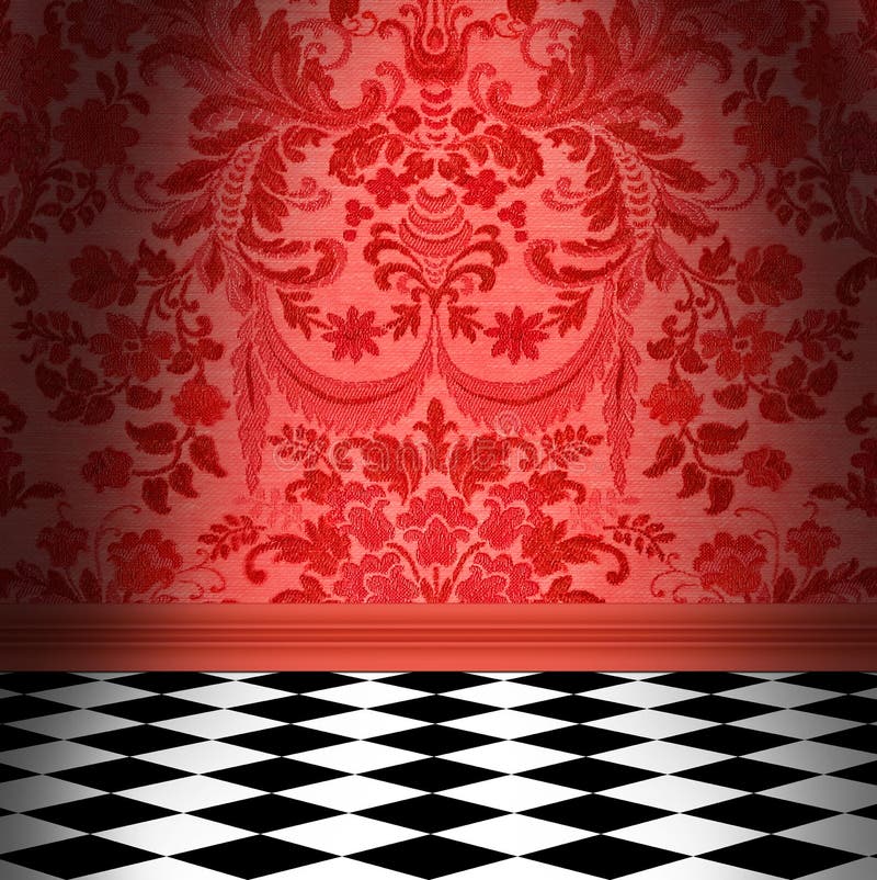 Red Damask Wallpaper With Black & White Checkerboard Tile Floor stock photo