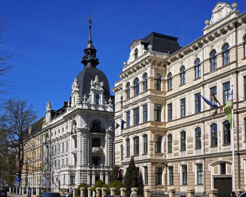 Riga, Art Nouveau quarter, the crossroads of Vilandes and Elizabetes. Modern royalty free stock images