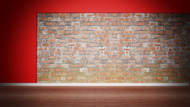 Room interior, empty weathered brick wall. And wooden floor stock illustration