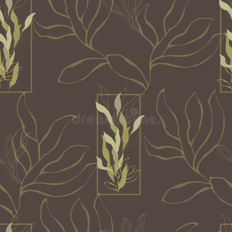 Seamless pattern of green leaves on a brown background. Floral ornament for fabric, tiles and wallpaper on the wall. Vector. Illustration vector illustration