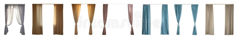 Set with different elegant curtains on background. Banner design. Set with different elegant curtains on white background. Banner design stock image