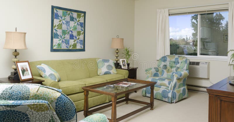 Simple Apartment in greens. A simple apartment in a retirement home decorated in blues and greens royalty free stock images