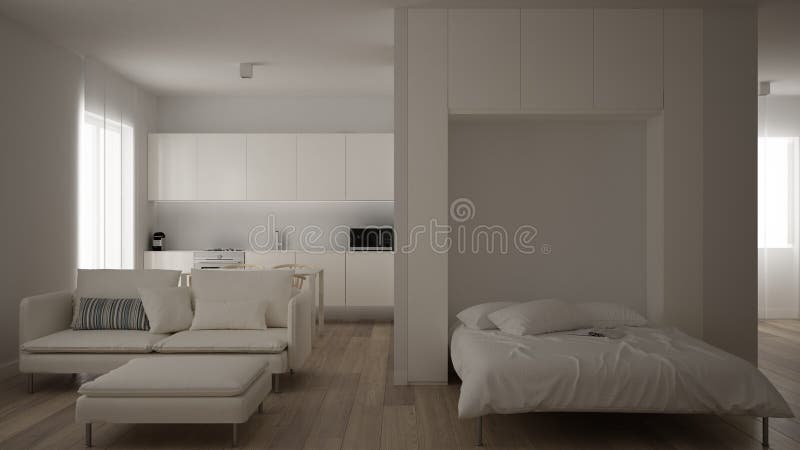 Small apartment, one-room with parquet floor, kitchen with dining table, Murphy bed, living room minimalist style, modern stock illustration