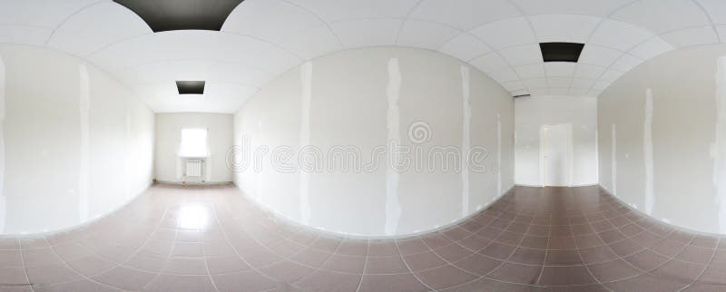 Spherical 360 degrees panorama projection, panorama in interior empty room repair decoration in modern flat apartments. Spherical 360 degrees panorama stock photo