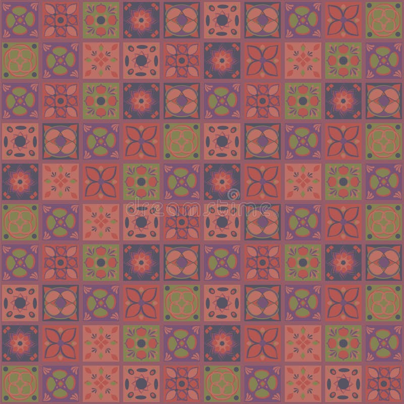 Square vector Indian ornaments contrasting terracotta maroon brown tiles mosaic flowers oriental folk homemade fairground seamless. Square vector Indian royalty free illustration