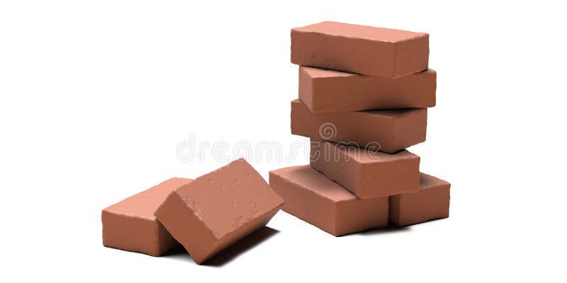 Stack of red ceramic bricks isolated on white background. Preparing a construction of brickwork. 3d illustration. Stack of red bricks of terracotta isolated on royalty free illustration