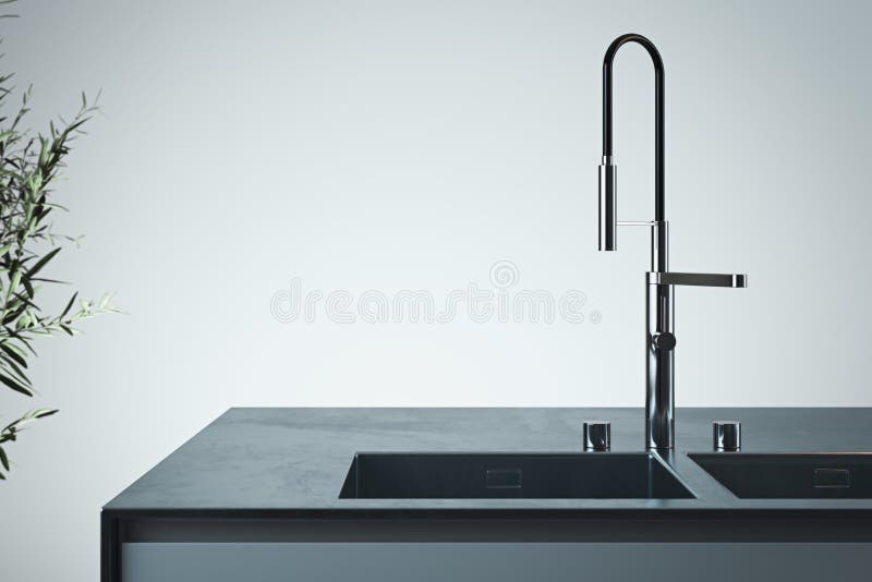Stylish sink and water faucet tap. Interior of bright modern stylish kitchen. 3d rendering. Minimalism concept. royalty free illustration