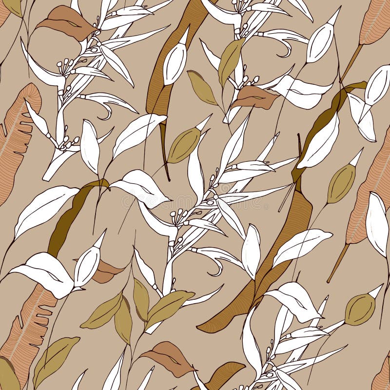 Tropical background of their green and contour plants. Light brown / beige texture for fabrics, tiles, paper and wallpaper. Tropical background of their green vector illustration