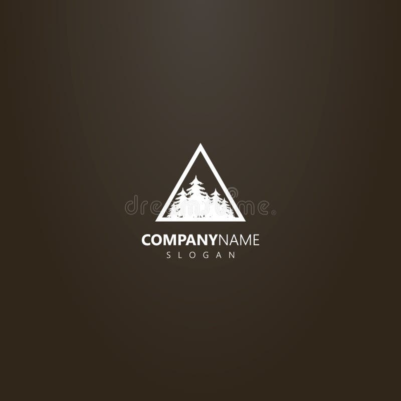 Vector flat art logo of a coniferous forest in a triangular frame. White logo on a black background. vector flat art logo of a coniferous forest in a triangular stock illustration