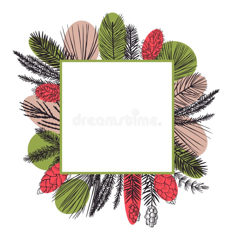 Vector frame with branches and cones of coniferous trees. Vector frame with hand drawn branches and cones of coniferous trees. Christmas plants vector illustration