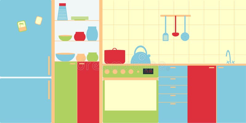 Vector image of kitchen interior in modern style. Simplicity and minimalism, bright colors. royalty free illustration